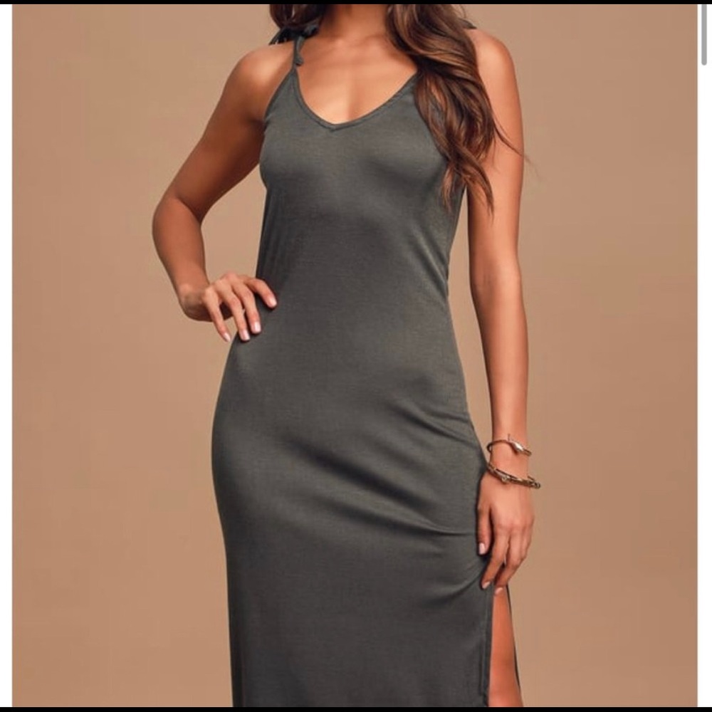 Lulu’s Laid Back Livin Charcoal Grey Ribbed Tie-Strap MIDI Dress